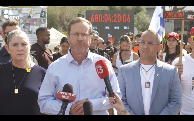 President Isaac Herzog speaks at Hostages Square in Tel Aviv on the day of a nationwide strike for the hostages' release on August 17, 2025. (Screenshot/Video by Avi Kanner)